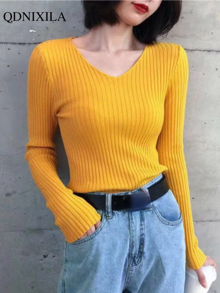 Women\'s Sweater 2024 Autumn Winter New V-neck Slim Warm Knitted Long-sleeve Bottoming Shirt Korean Casual Pullovers Knitwear Top