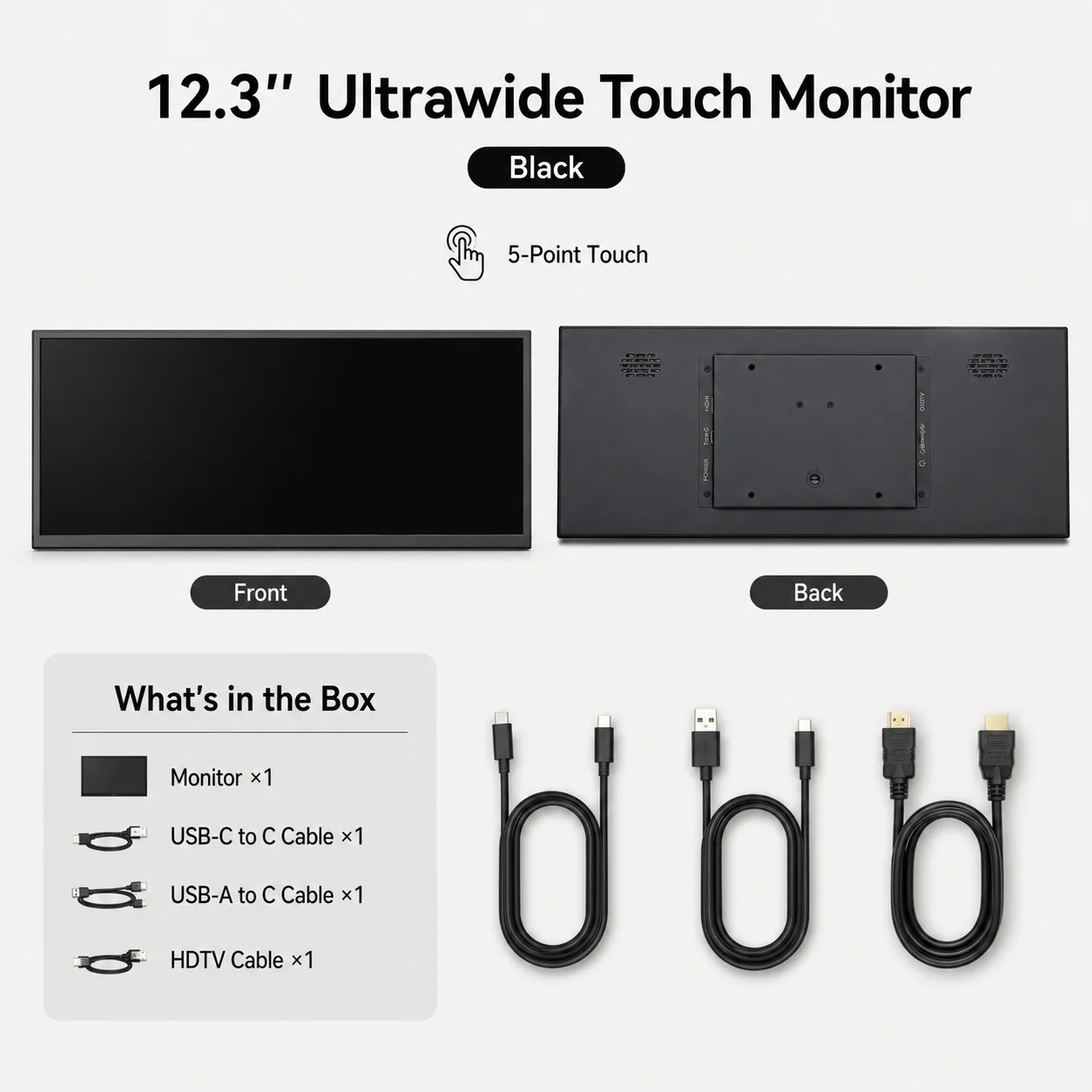 LESOWN 12.3 Inch Ultra-wide Display Portable Monitor 16:6 IPS Panel Driverless Touch Screen for Mini PC