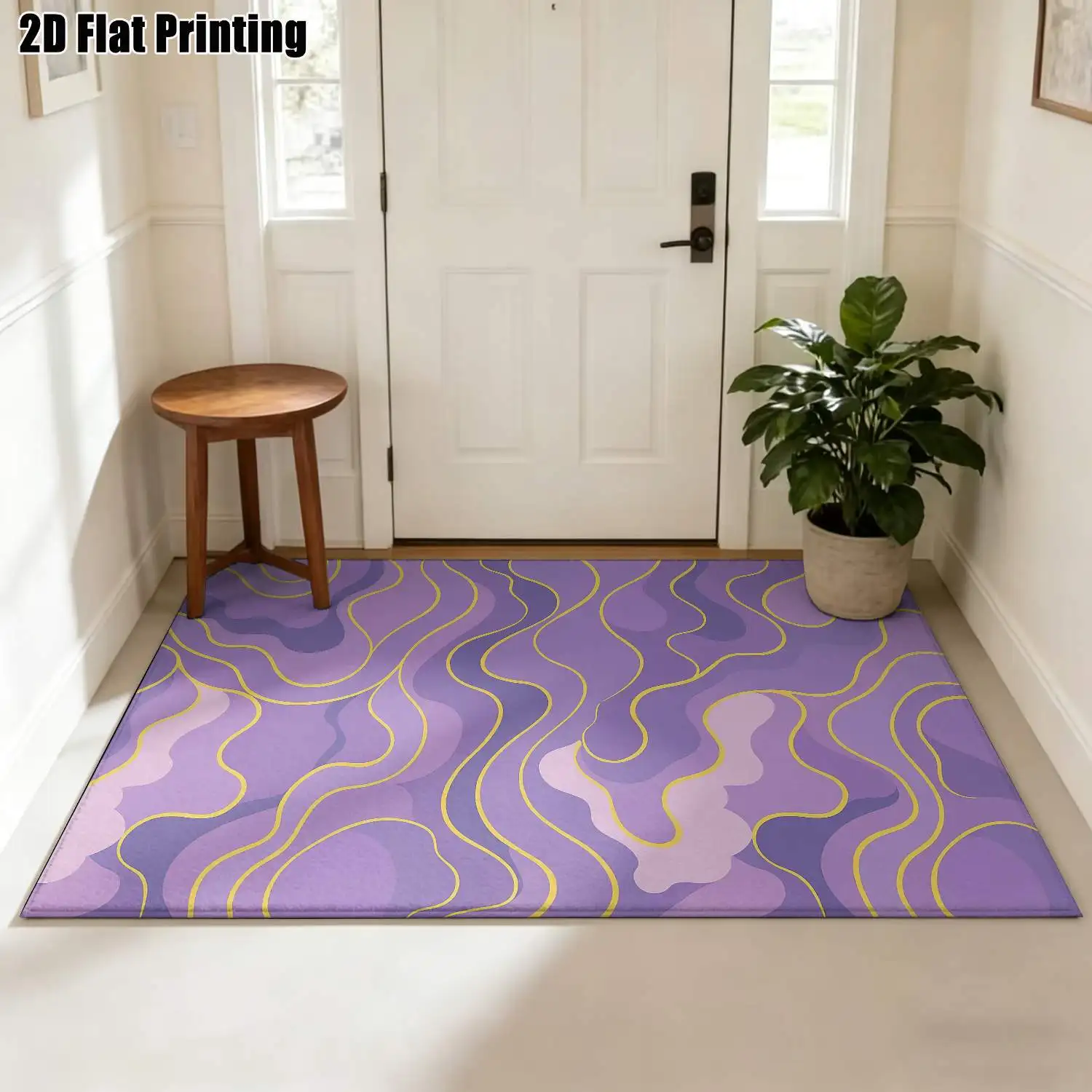 1Pc 2D Printed Purple Abstract Wave Nordic-Style Carpet, Instagram-Inspired Geometric Striped Bohemian Doormat, Home Decor, Multi-Size, Machine-Washable, for Entrance, Dining, Foyer, Bedroom, Living Room
