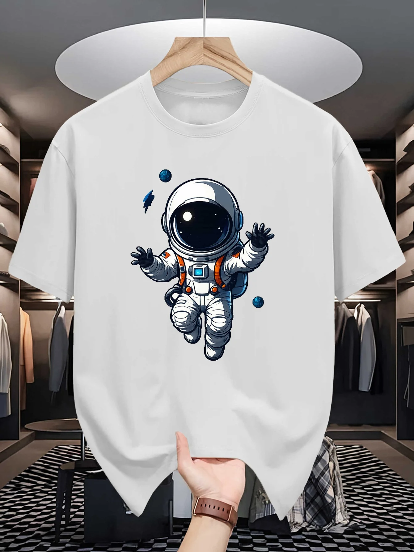 Cute Waving Astronaut Mens Crew Neck T Shirt Space Planet Rocket Cartoon Cosmonaut Graphic Short Sleeve Casual Street Tops