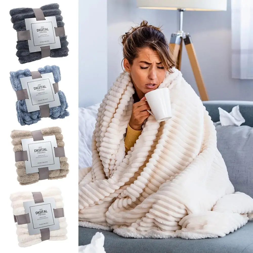 New Double Sided Warm Blanket Warm Breathable Conditioning Quilt Skin-Friendly Solid Color Plush Striped Blankets