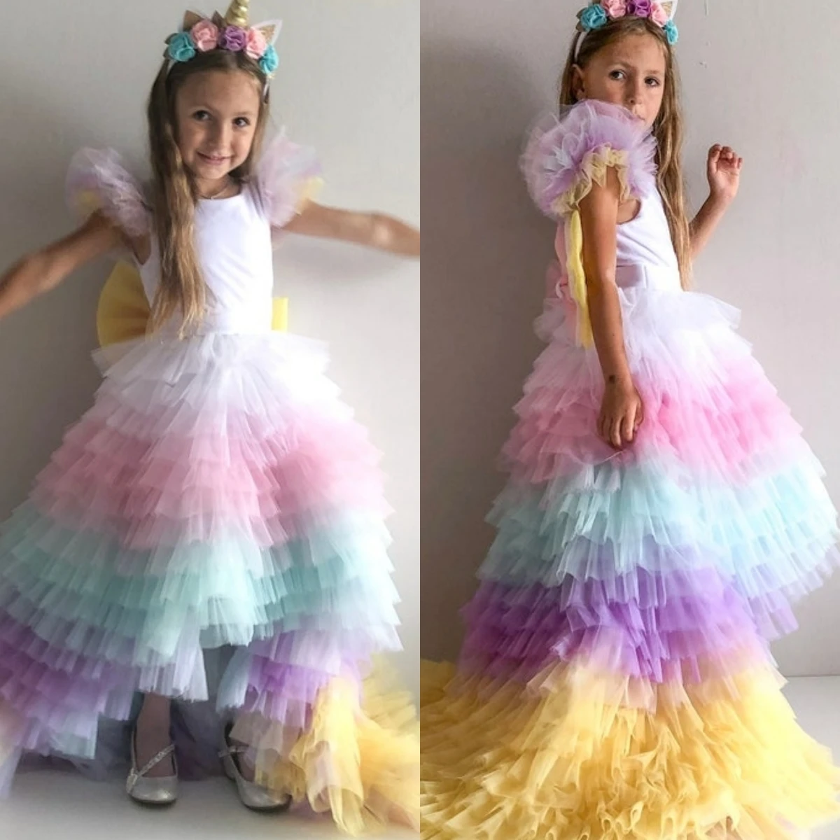 Lovely Rainbow Little Baby Girls Flower Girl Dress Tulle Wonderful Colors Kids Birthday Gift Family Princess Party Gowns