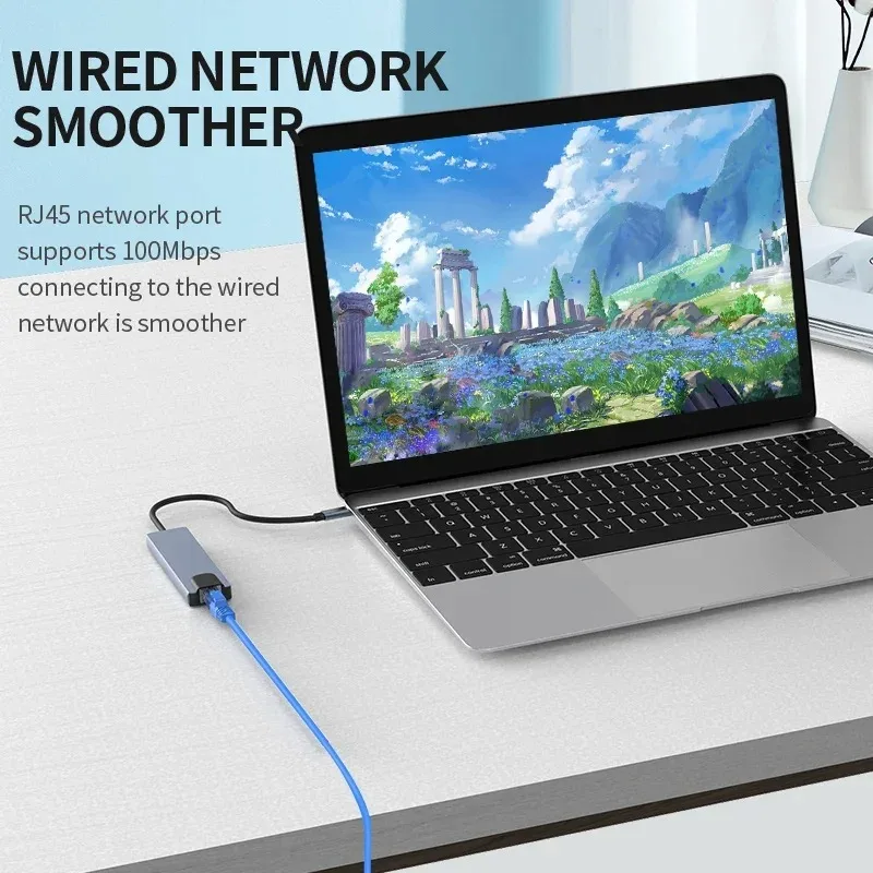 6In1 USB C Thunderbolt3 Laptop Docking Station Type-C to 4K HD Display RJ45 100Mbps Ethernet USB Splitter Hub with PD Charging