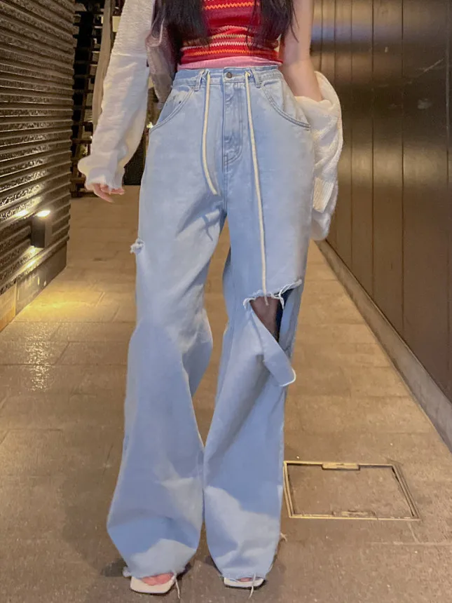 

Retro Washed Loose Women's Jeans with Big Hole Drawstring Waist Slimming Straight Leg Torn Poor Girl Pants Long Trousers
