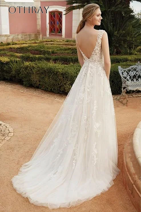 O-neck Appliques A-line Bridal Wedding Gown Sleeveless Pleated Tulle Sweep Train Backless Customized свадебное плат