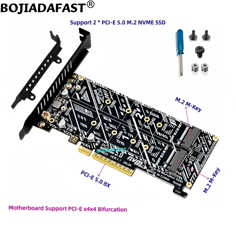

2026 New PCI Express PCI-E 5.0 8X to 2 * NGFF M.2 M-Key 2280 22110 NVME SSD Adapter Card MB Support PCIe X8X4X4 Bifurcation