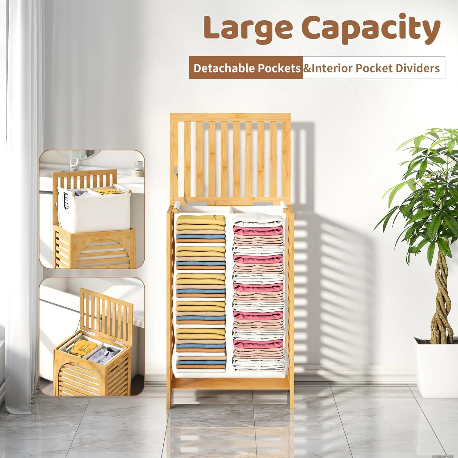 

Large Bamboo Laundry Hamper with Lid 85L Clothes Storage Basket Removable Bag for Bathroom Bedroom Home Organization