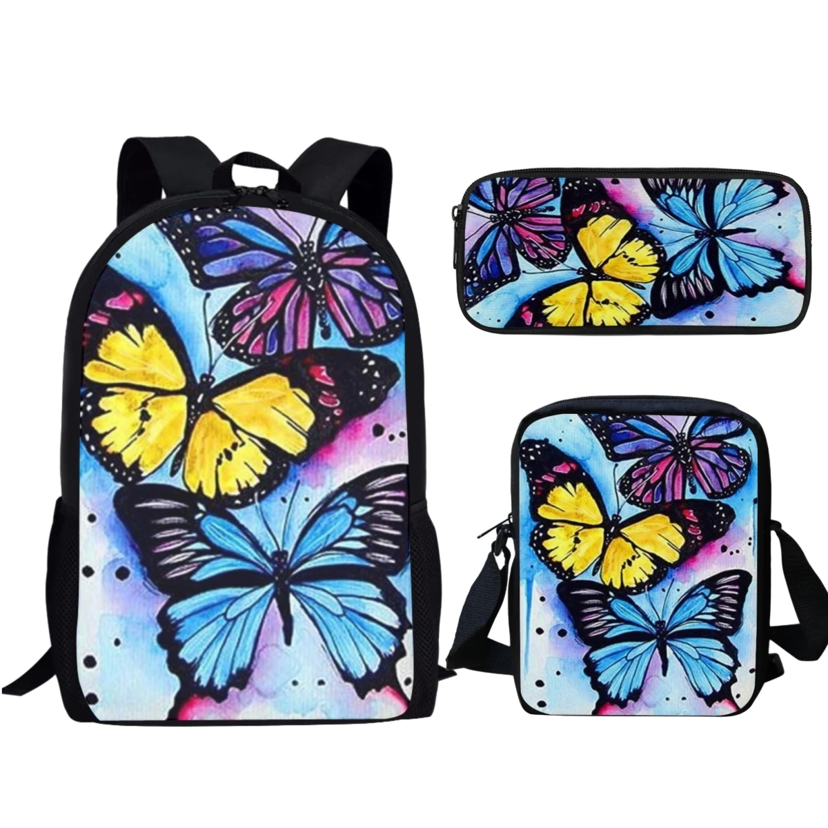 Mochila Aquarela Padrão Borboleta Artística para Meninas, Casual School Bag Set para Crianças, Teens Book Bags, Mochila de Viagem para Crianças, Moda