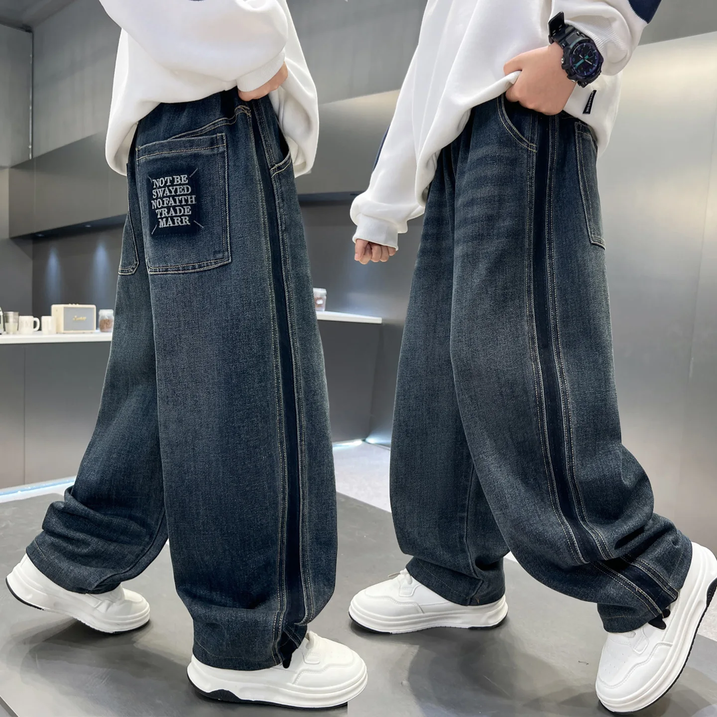 Neue Frühling Herbst Vintage Stil Kinder Lose Beiläufige Baggy Jeans für Kinder Jungen Blau Denim Hosen Hosen Alter 5-14 jahre