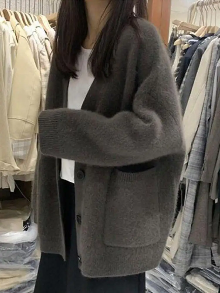 

Autumn Winter Solid V Neck Loose Cardigan Knitted Sweater Women's Long Sleeves Elegant Single Breasted Holiday Tops Causal Trend