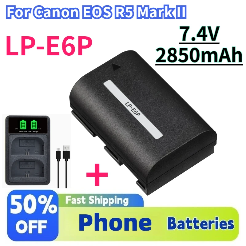 

Литий-ионный аккумулятор 7.4V 2850mAh LP-E6P для Canon EOS R5 Mark II, R5, R6, R7, 5DS R, 6D, 7D, 80D, 90D, 5D Mark II/III