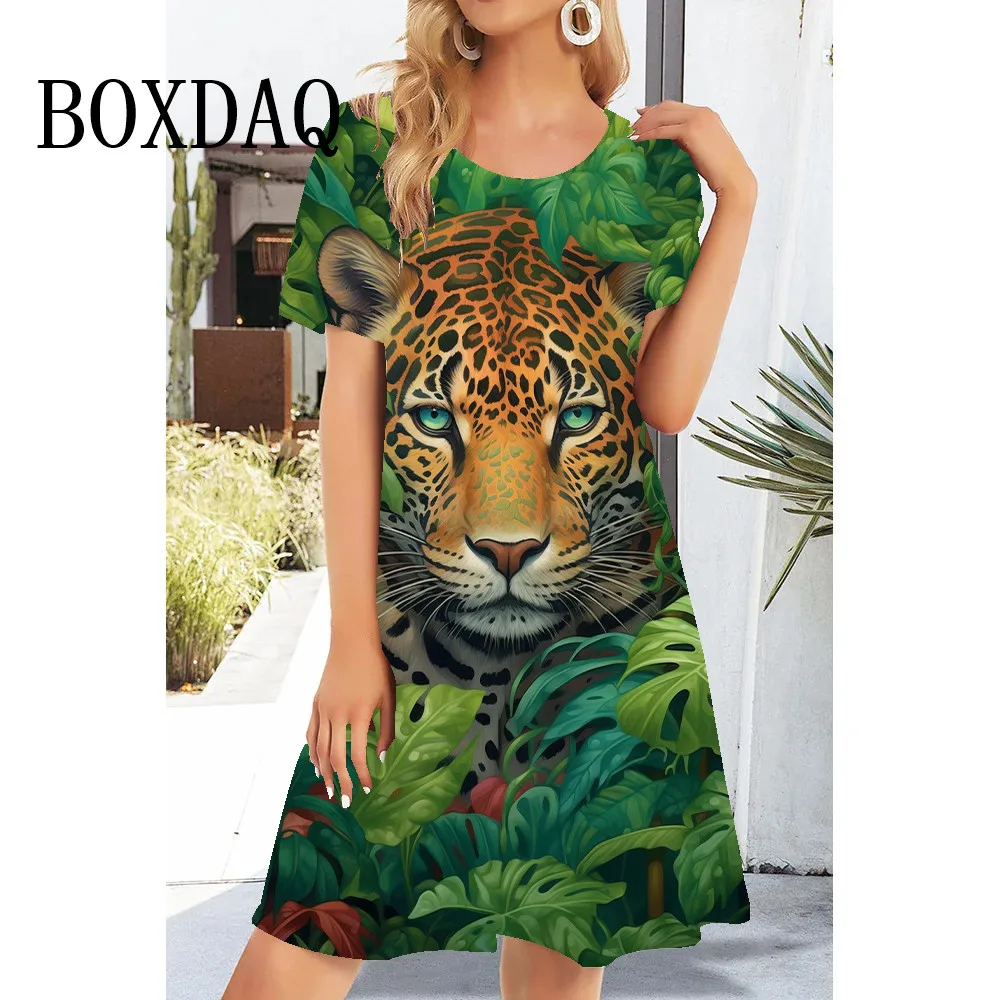 New Fashion Women Animal Deer Dressess Loose Summer Flower Print Dress Sweet Cute Casual O-Neck Short Sleeve A-Line Party Dress