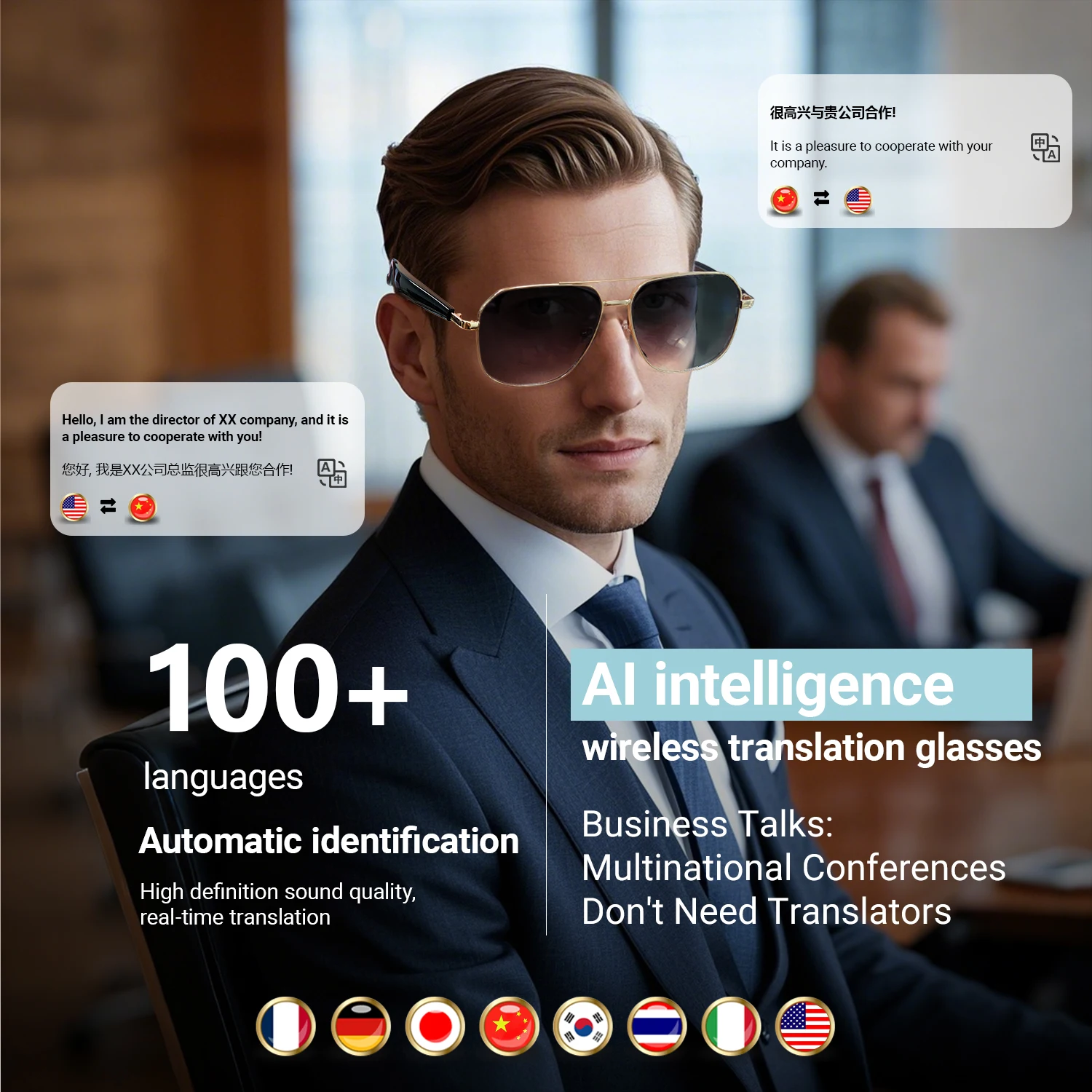 Gafas inteligentes GY100 más de 100 idiomas en línea AI traducción automática de diálogo gafas Bluetooth con altavoz protección UV deportiva