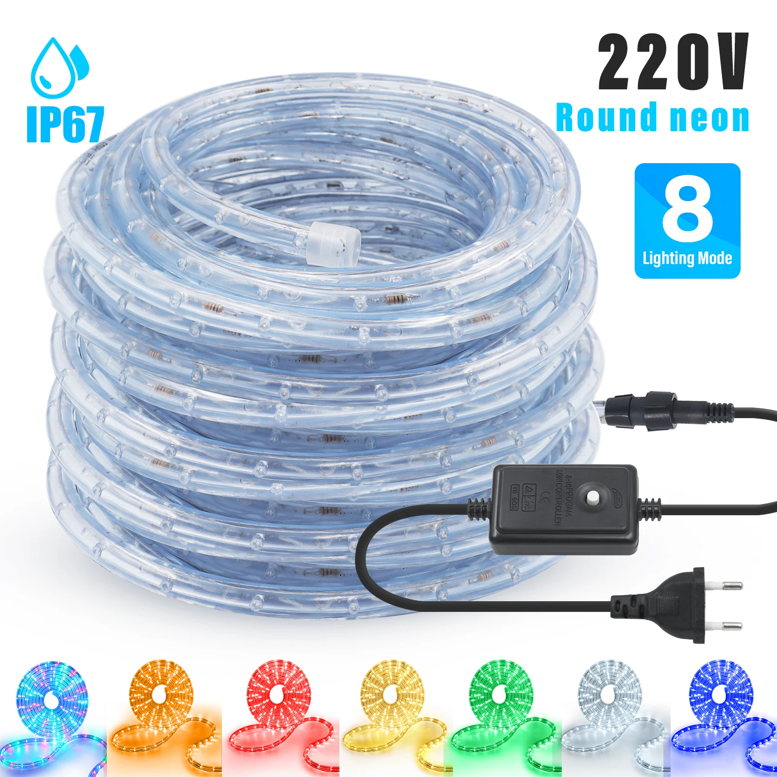 

220V Round Tube LED Neon Light Strips with 8 Modes EU Plug Outdoor Waterproof Christmas LED Strip RGB/Warm White/Red/Blue/Green