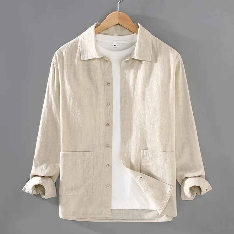 Japanese Retro Cotton Linen Shirt Men Spring Summer New Mens Long Sleeve Shirts Double Pocket Button Shirt Casual Shirts Jacket