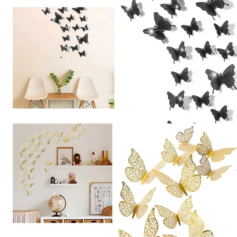 Metal Inspired Hollow Paper Butterflies Wall Stickers for Wedding Birthday Party Home Festival Decorations DIY Craft Ornaments