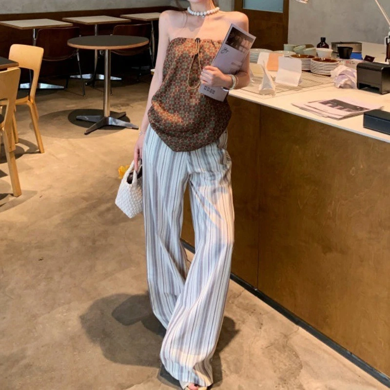 

2026 Summer New Retro Color Strapless Slim Fit Top and Vertical Stripe Elastic Waist Pants Two-piece Set for Women