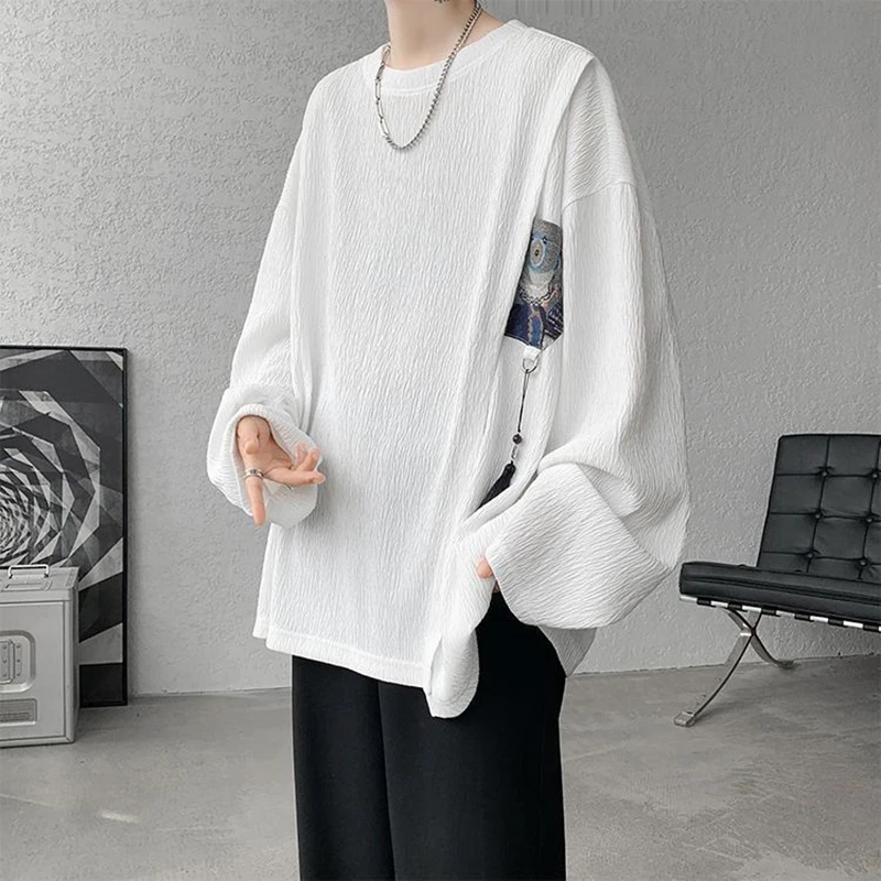 

2026 Autumn New Chinese Style Textured Sweatshirt Men Bear Pendant Patchwork Long Sleeve Oversized Casual Cute Cool White Tops