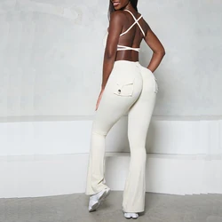 2024 Nude Pocket Button Flare Leggings High Waist Wide Leg Yoga Pant Women Gym Fitness Sport Latin Dance Trousers Active Bottoms