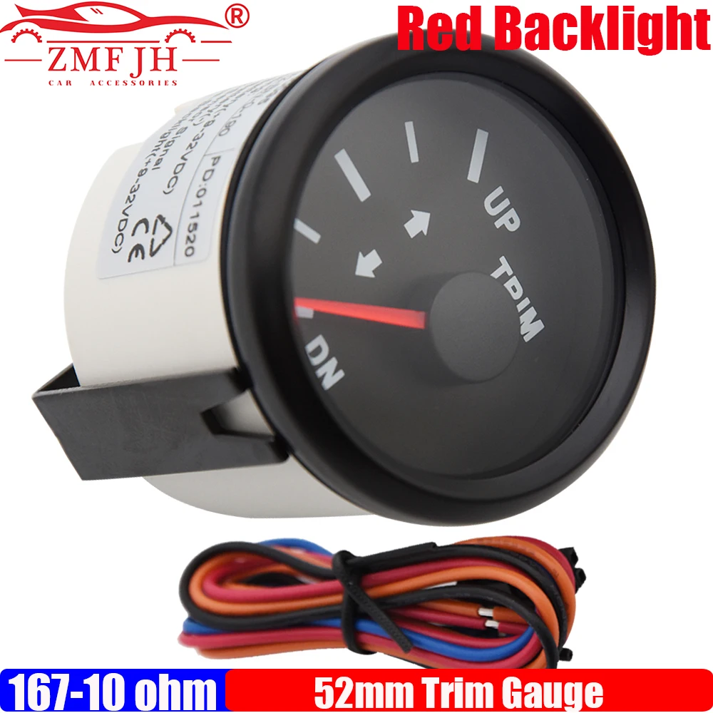 ZMFJH Boot Yacht Universal 2"52mm Trimmlehre 167-10 Ohm Marine Trim Tilt Indicator mit roter Hintergrundbeleuchtung für Innen- und Außenbordmotor