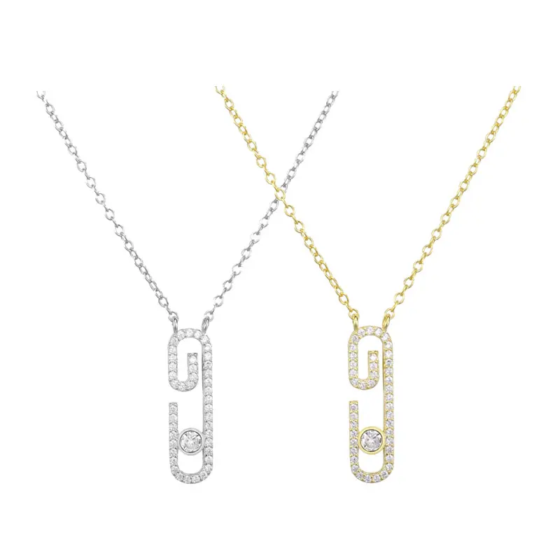 

100% 925 Sterling Silver Full Zircon Pendant Long Women Necklace Fixed Gemstone High Quality Paper Clip Safety Pin Pendant Chain