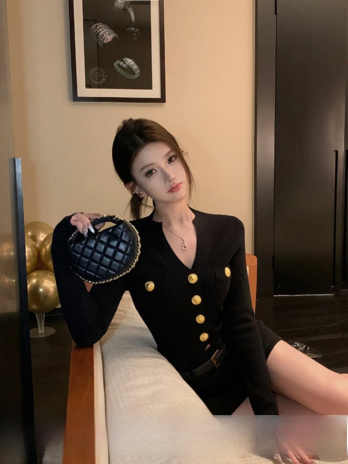 

Классический золотисто-синий вязаный кардиган с V-образным вырезом, приталенный, Jayky Yang Return Feilao Island Memory Street, с длинными рукавами