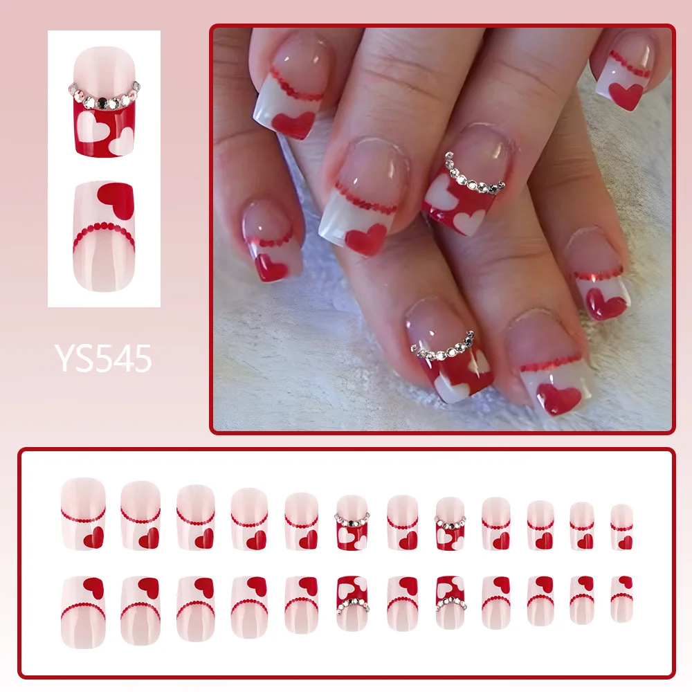 24pcs Valentine's Day Press on Nails Red Love Fake Nail Tips Full Cover Wearable Sweet Korean Style False Nails for Girls