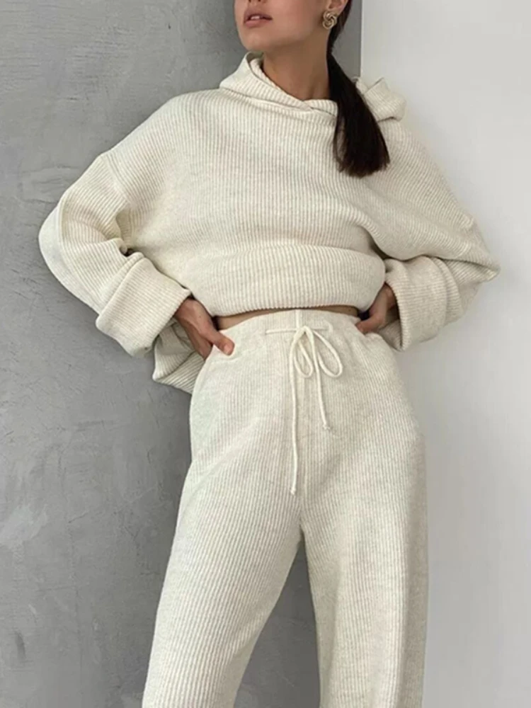 Donne musulmane set di due pezzi donna Homewear pigiama morbido lavorato a maglia a coste Casual top larghi con cappuccio e pantaloni a gamba larga