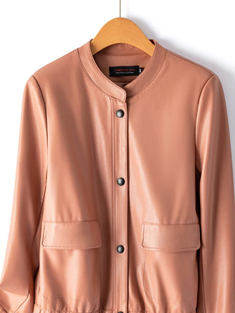 New Spring Jacket Women Korean Style Single Breasted Stand Collar Real Leather Jacket Female Genuine Leather Coat
