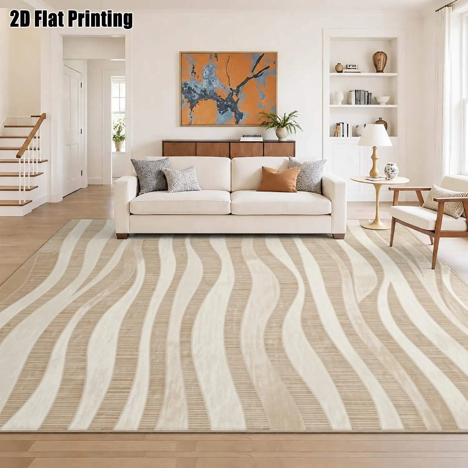 1Pc 2D Printed Carpet: Light Brown Beige Wave Lines, Modern Simple Decor, Multi-Size Machine Washable, for Multi-Scene Use
