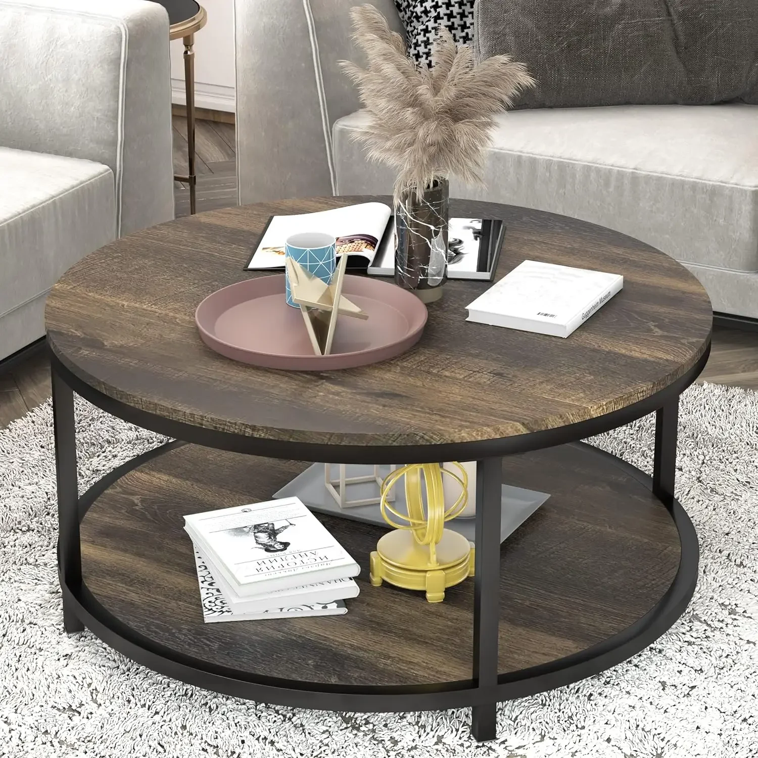 Round Coffee Table, Rustic Wooden Surface Top & Sturdy Metal Legs Modern Design Home Furniture with Storage Open Shelf