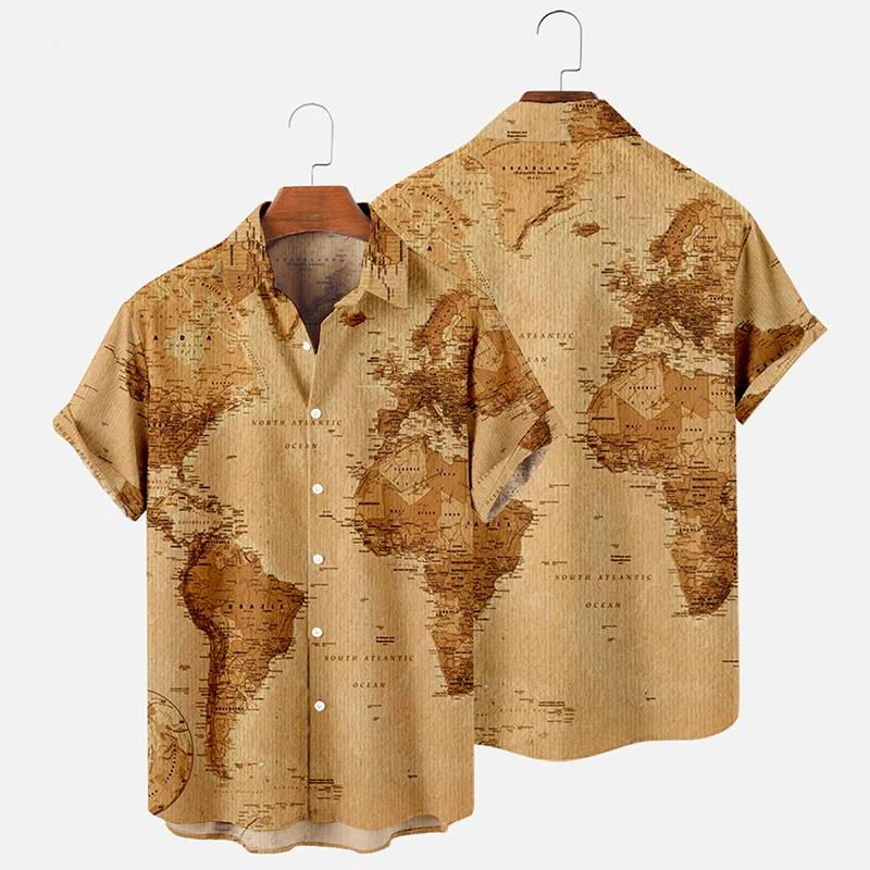 Men's Casual Shirt Fashion Map Pattern Plus Size Clothes Dailywear Summer Beach Hawaiian Holiday Button Down Blouse Ins Brand