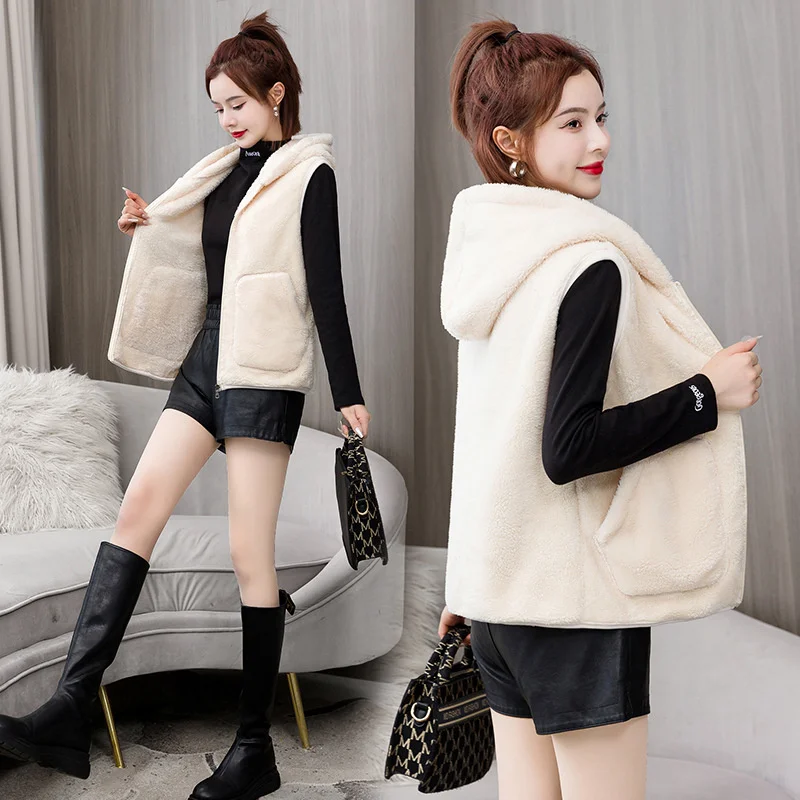 Autumn Winter Women Coral Fleece Coat Hooded Sleeveless Jacket Tank Top Warm Shake Fleece Vest Female Waistcoat Chaleco Mujer