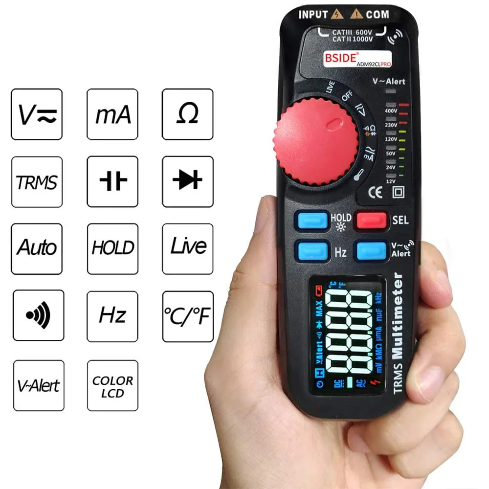 ADM92CL PRO True RMS مقياس متعدد رقمي شاشة ملونة نطاق تلقائي 6000 TRMS تستر مع سلك مباشر تحقق درجة الحرارة هرتز أوم ديود متر