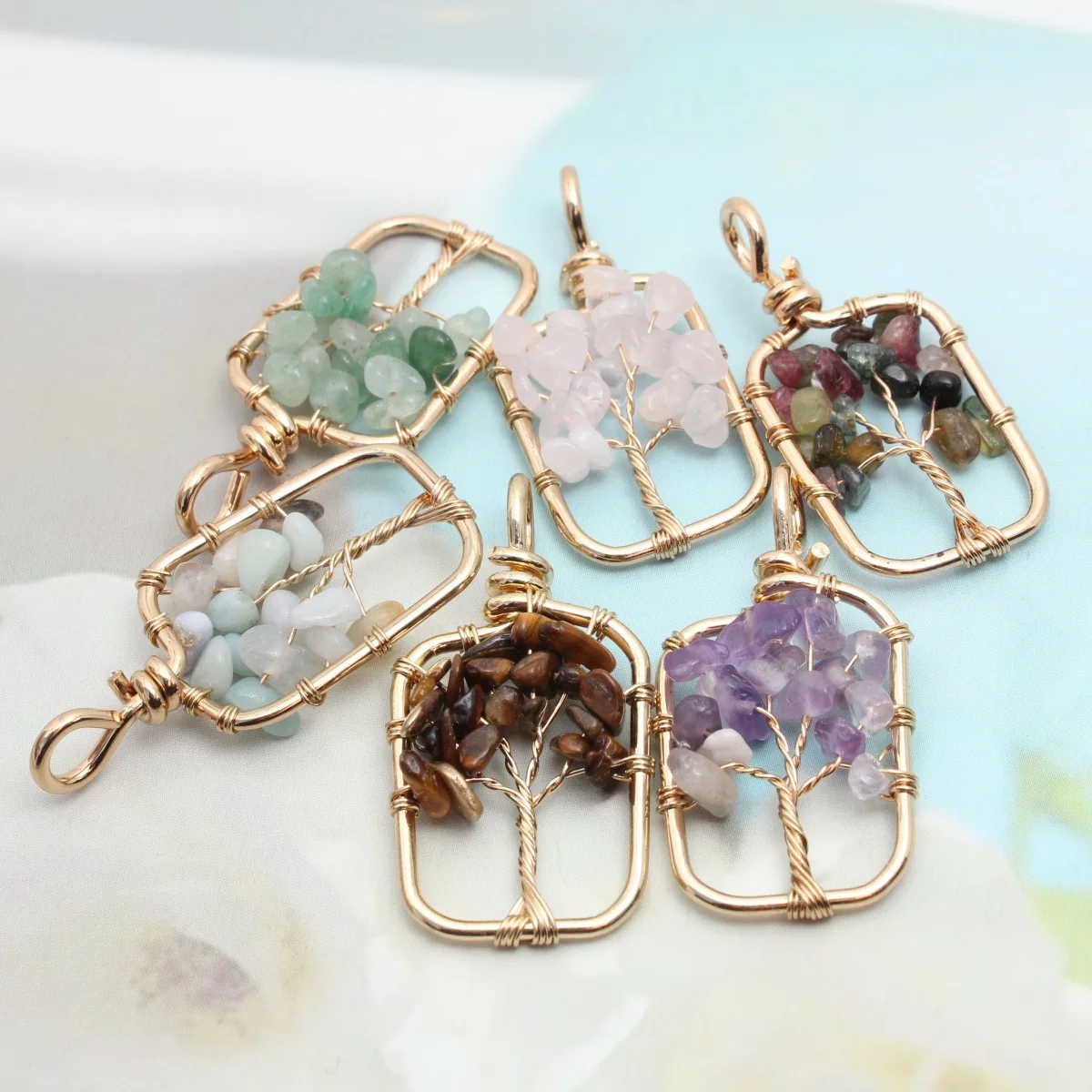 Natural Stone Crystal Tree of Life Woven Phnom Penh Rhombus Pendant Necklace DIY Jewelry Earrings Accessories
