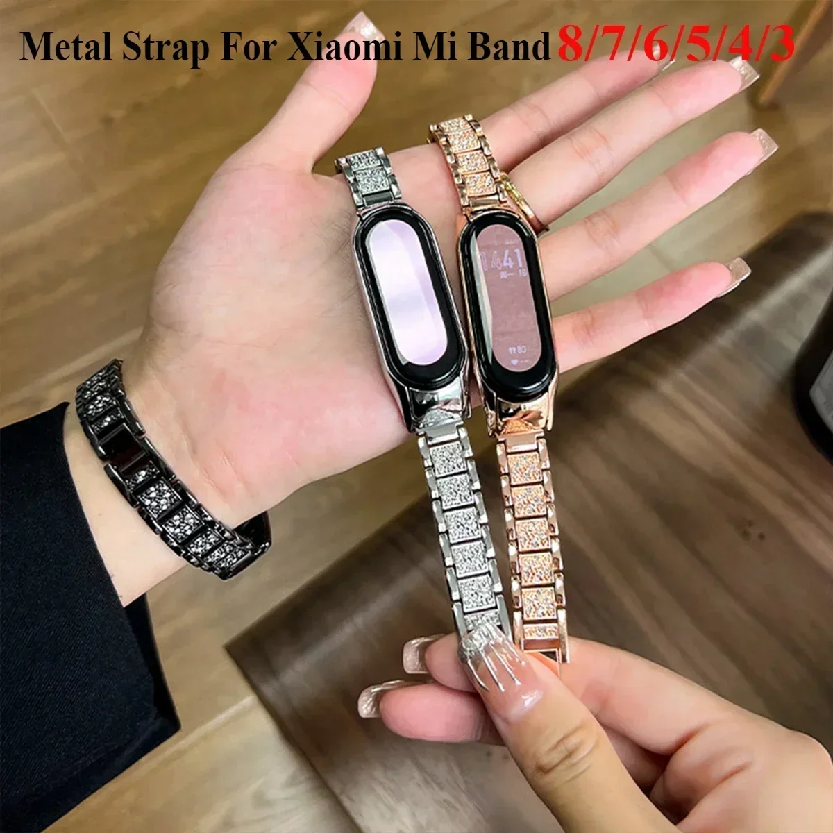 Cinturino in metallo per Xiaomi Mi Band 8 7 6 5 4 3 cinturino cinturino di ricambio per cinturino in acciaio inossidabile con diamante pieno di lusso Glitter