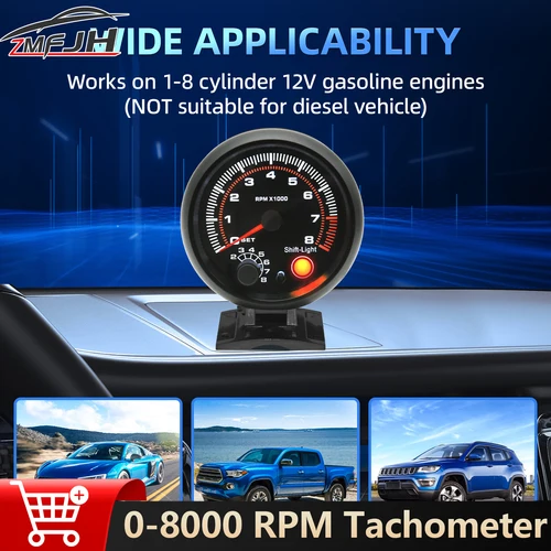 Tacómetro de 12V 0-8000 RPM con luz de cambio, tacómetro LED de RPM para 1-8 cilindros, medidor de RPM negro Universal para coche de gasolina