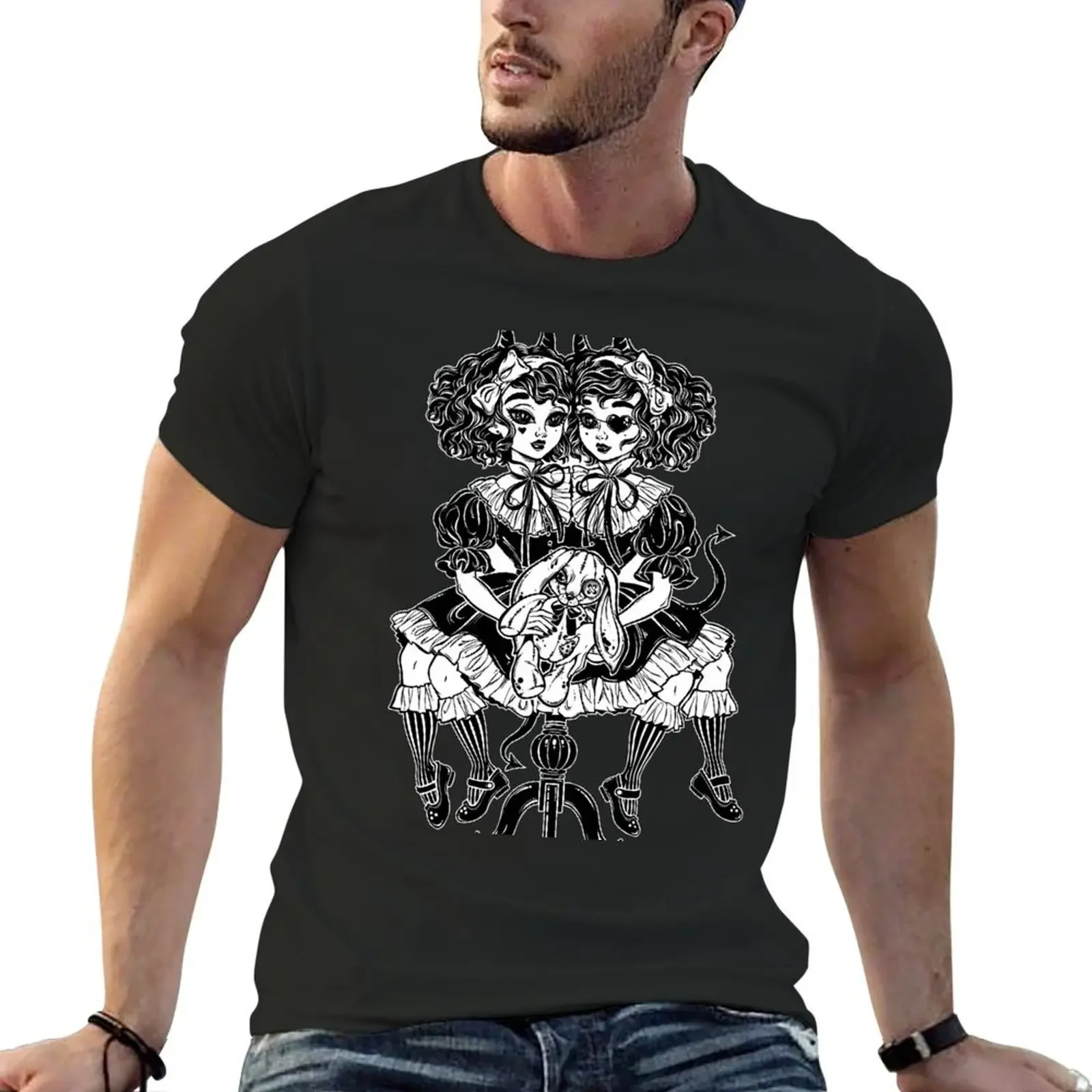 Gothic Victorian twin siamese demonic girls with voodoo stuffed toy and imp horns. T-Shirt graphics graphic tee shirt men