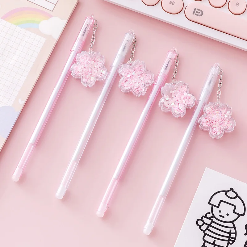 4 pcs/lot kawaii Cherry Sakura Quicksand Sequins Gel Pen Marker Pen School Office Writing Supply Stationery Escolar Papelaria