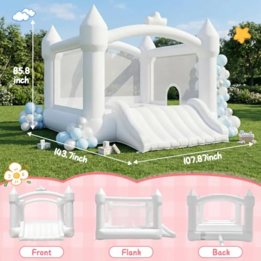 Inflatable white bounce house for kids: PVC, white, large size with wide slide, blower included, basketball hoop, indoor/outdoo