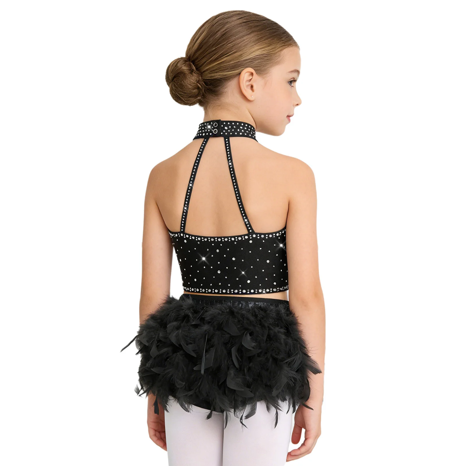 Kids Girls Jazz Latin Dance Outfits Performance Costume Samba Rumba Cha-Cha Dress Rhinestones Crop Top with Feather Briefs Skirt
