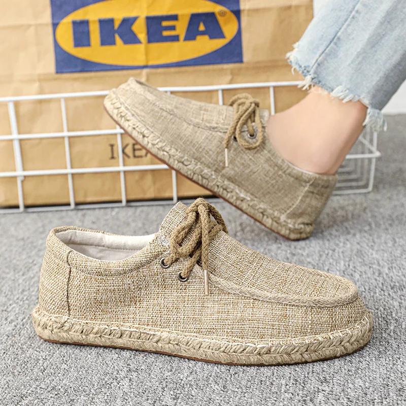 The Latest Oversized Linen Canvas Shoes, Flat Bottomed Casual Driving Shoes,2024 men's Versatile Lace Up Lightweight Flat Shoes