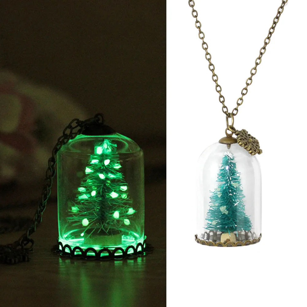 Mini Christmas Tree Necklace Glass Dome Pendant Glow in Dark Unique Flower Jewelry Charming Gift for Lover Family Friends