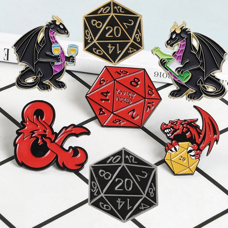 20 Face Dice Metal Enamel Brooch Fashion Personality D20 DnD Dice Game Badge Pin Cartoon Trendy D&D Game Accessories RPG