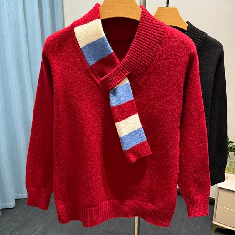 Men's New High-end Design Autumn Sweater Thick With Scarf High-Quality Warm Base Layer Shirt Knitted Shirt Trendy Pullover Shirt