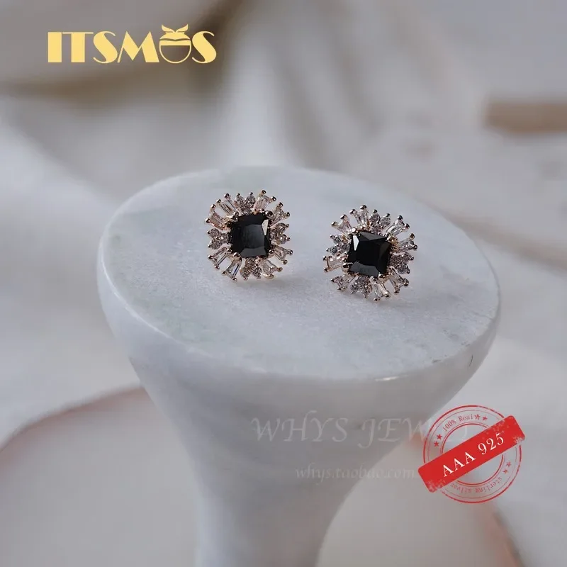 

ITSMOS s925 Sterling Silver 14k Gold-plated Black Gemstone Crystal Earrings Everyday Earrings Elegant Jewelry for Women