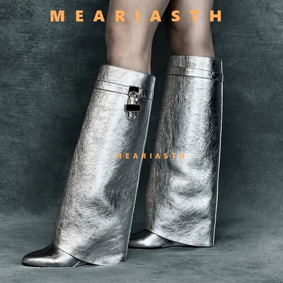 knee-length-zipper-boots-for-women-thick-soles-metal-decoration-shoes-shark-lock-wedge-high-heels-designer-fashion-brand-new