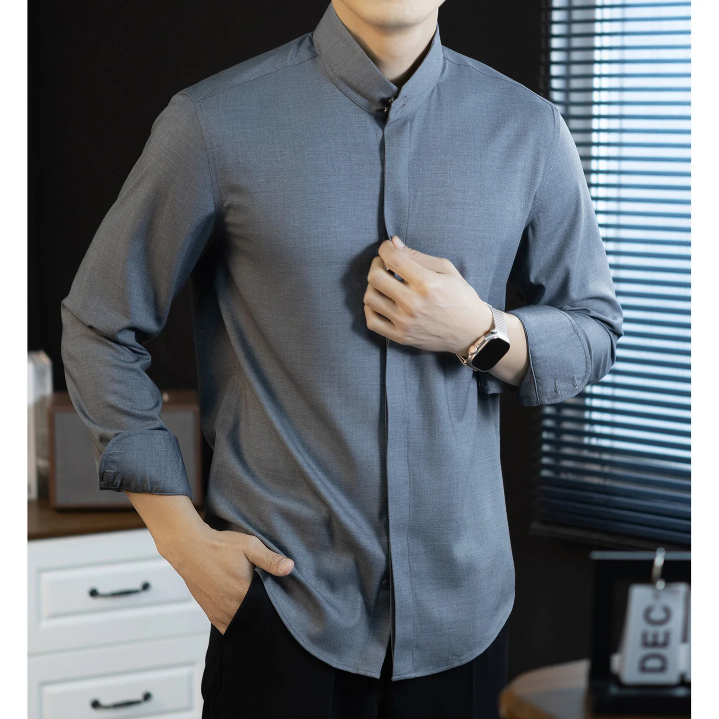 

Chinese Stand Collar Button-down Long Sleeve Shirt Men Business Casual Fashion Vintage Wedding Dress Shirts Tops
