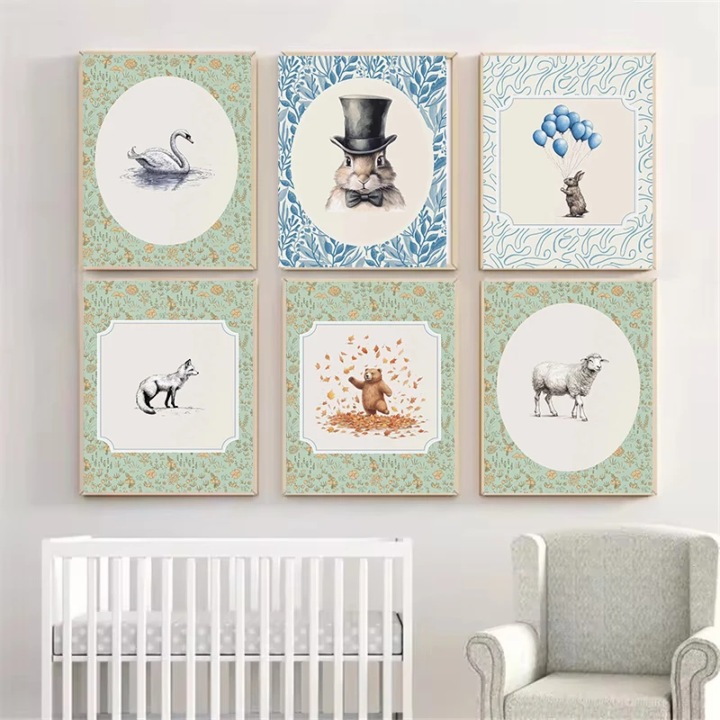 الحيوان الرجعية المشارك أرنب جرو الدب مجردة الرجعية نمط الفن اللوحة قماش الطباعة لوحة على الحائط لتزيين المنزل معلقة Painti #1