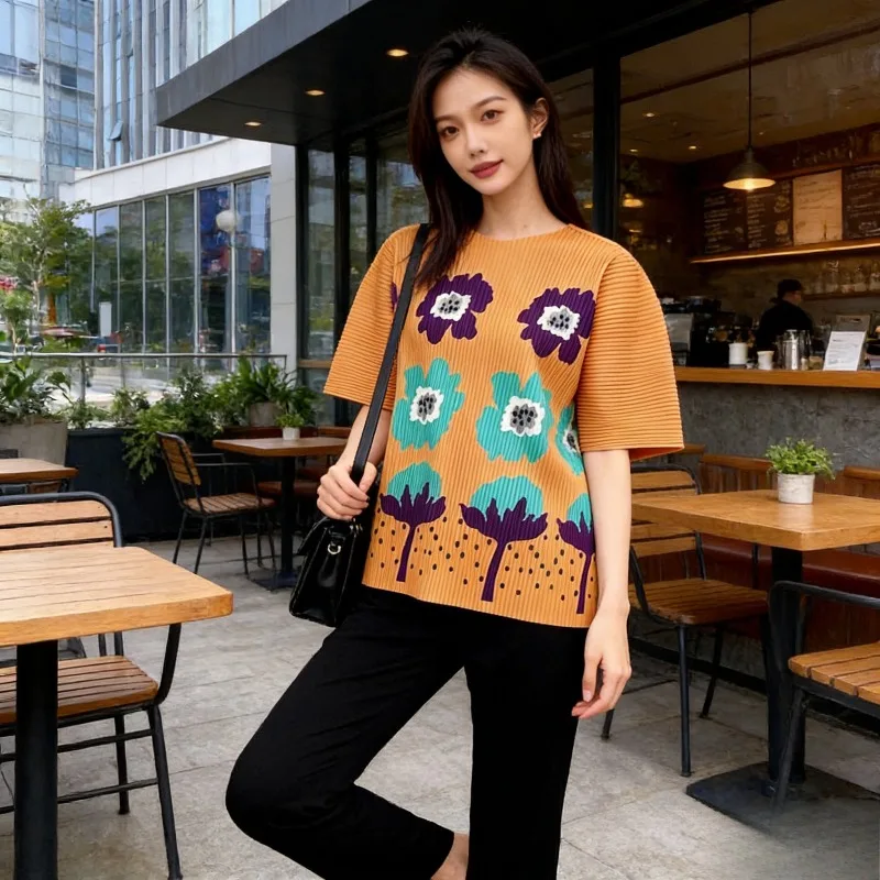 

Miyake Flower Printed T-shirt Plisse 2026 Spring Loose Versatile Casual Pleated Round Neck Tops Slim New Women's Pleats Clothing